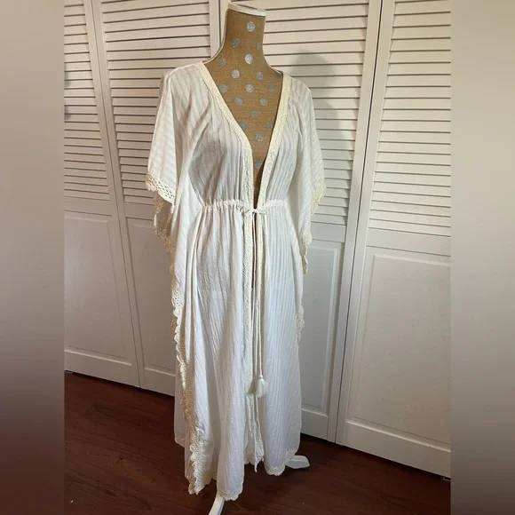 La Moda By True Colors long cardigan, duster swimsuit, cover-up cream white lace - Picture 2 of 10